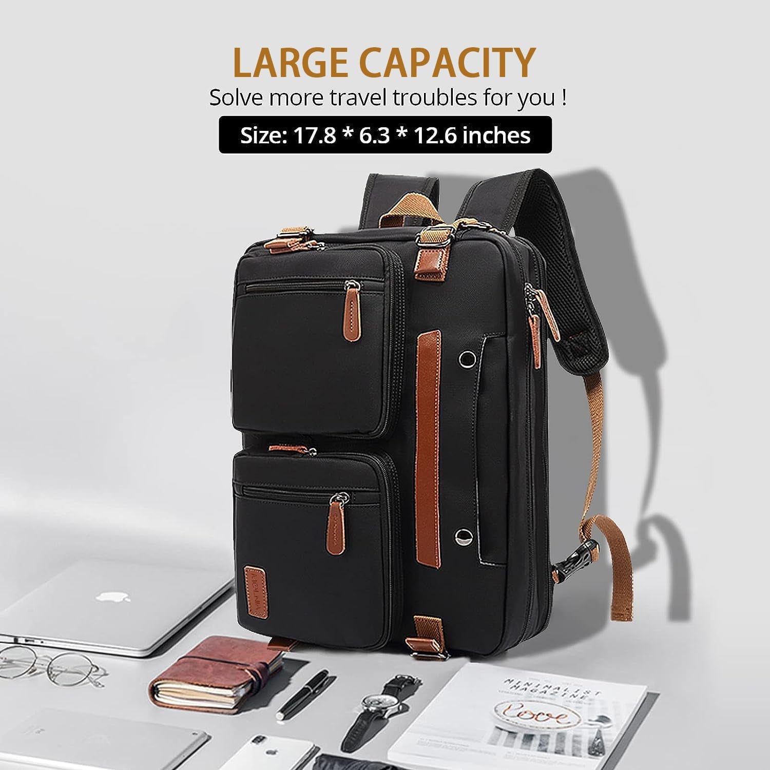 3 in 1 Laptop Backpack, 17.3 Inch Computer Bags for Travel Bussiness School Men Women, Black