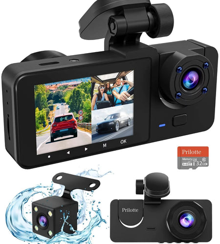 Dash Cam for Car, 1080P 3 Channel Front & Rear inside Dash Camera, Super Night Vision, Parking Monitor, Loop Recording, with 32GB SD Card