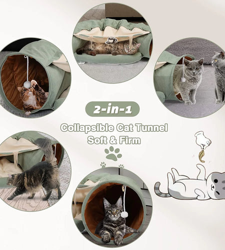 Cat Tunnel Tube Collapsible W/ Bed Cat Toy for Small Medium Large Cat, Yellow