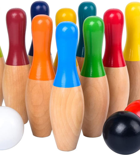 Wood Bowling Backyard Games Wooden Pins Balls,And Mesh Carrying Bag Educational Games Indoor and Outdoor Toys Family Fun for Kids Toddlers and Adults