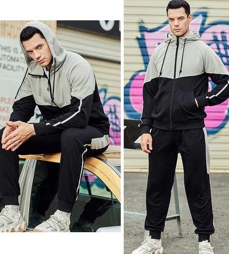 Men'S Hooded Athletic Tracksuit Sweatsuit Long Sleeve Full-Zip Jogging Sweatpants 2 Piece Patchwork Sportsuits